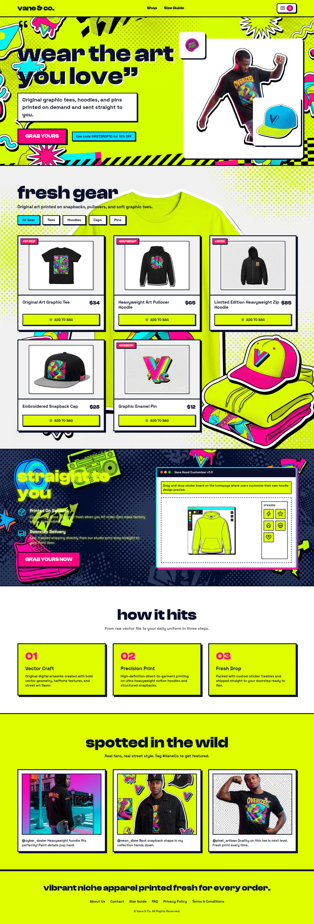 The full vane & co. homepage: a neon yellow apparel store with graphic tees, hoodies, caps and pins, a sticker-board hoodie customizer and a how-it-works section.