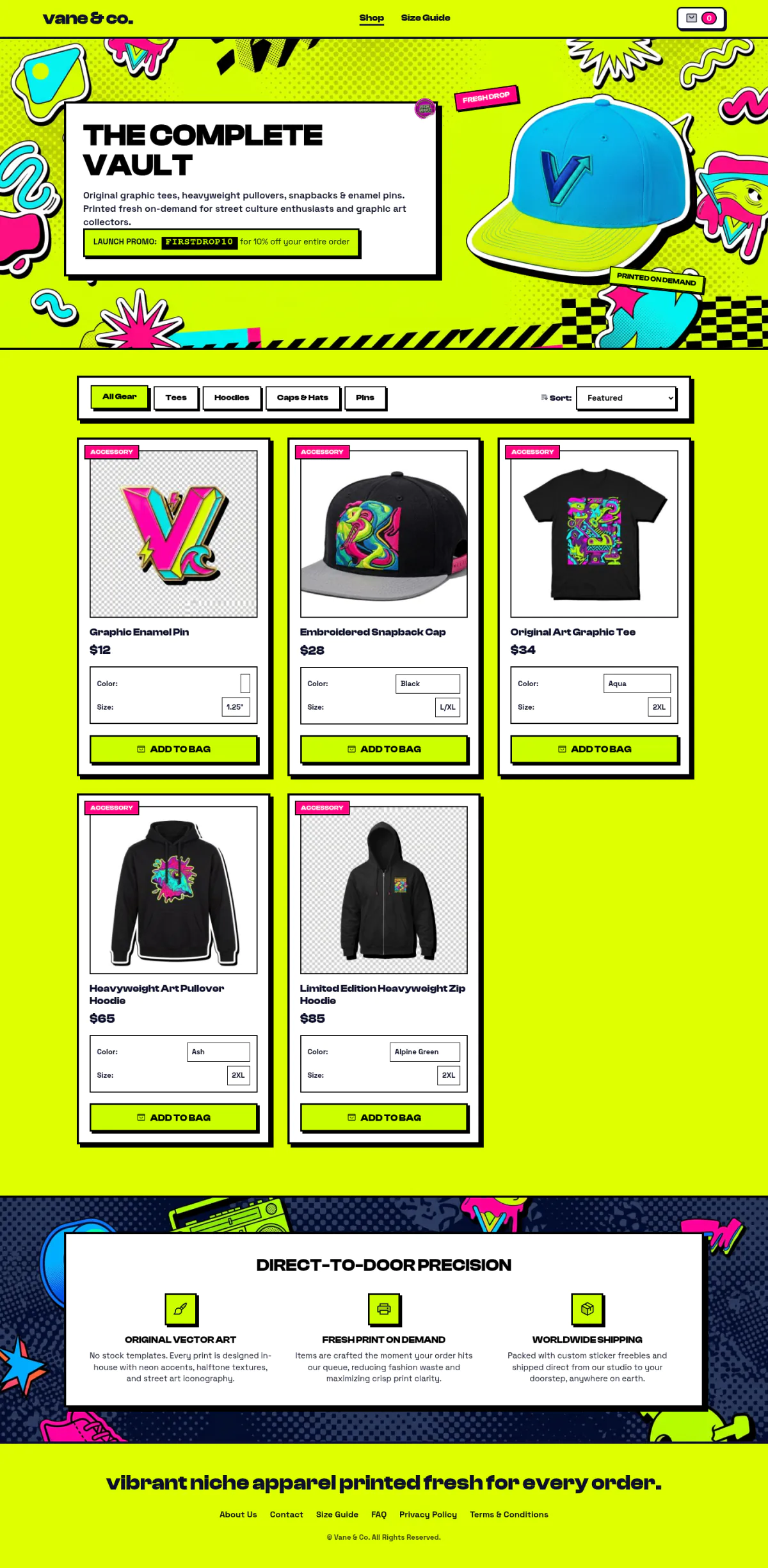 The vane & co. shop page: graphic tees, hoodies, caps and pins with prices on a neon yellow background.