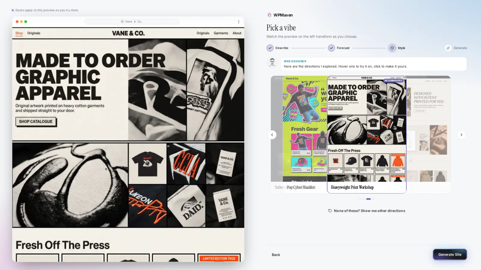 Four style directions explored for vane & co., shown as cards; hovering one previews it on the site on the left.