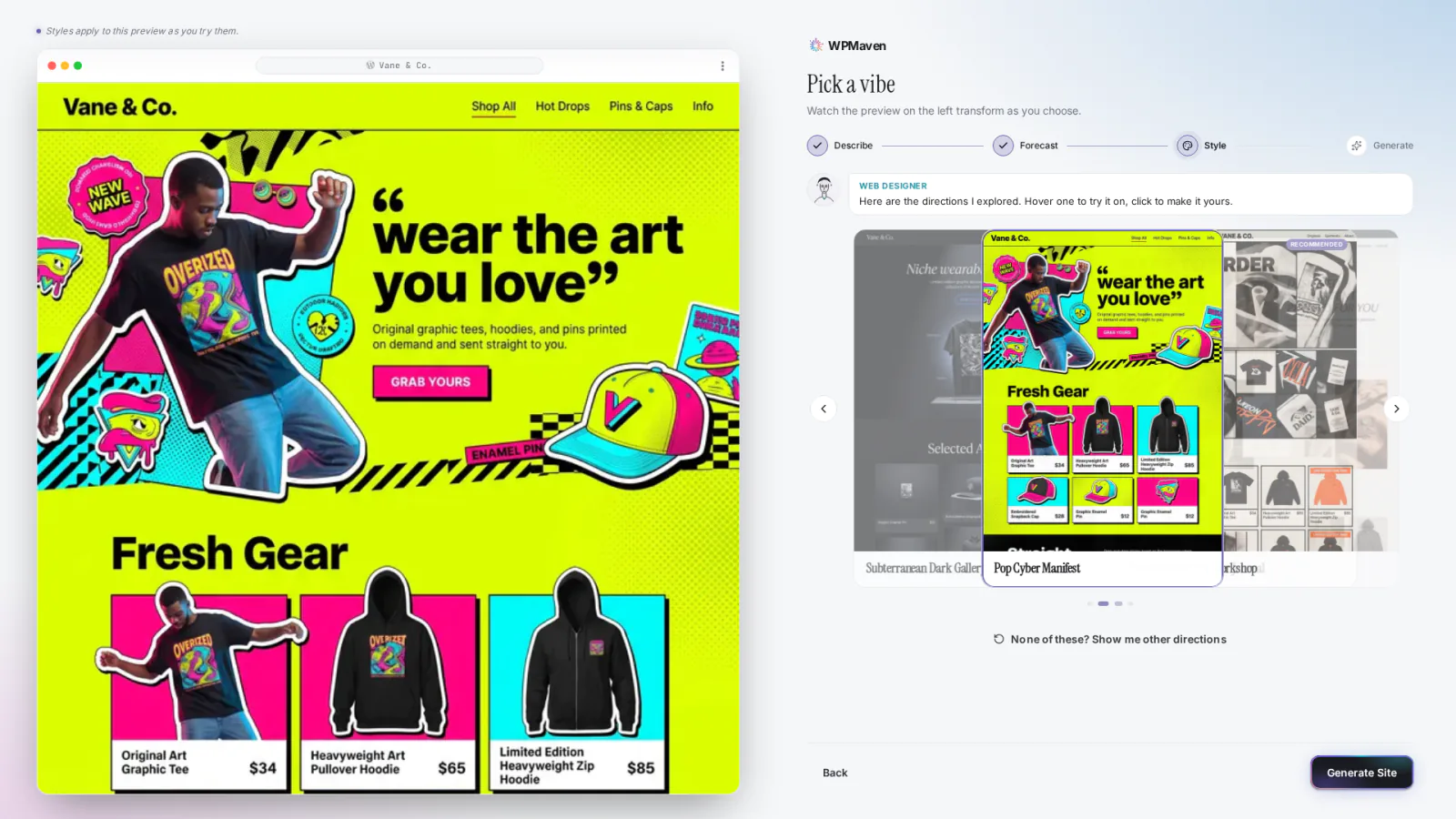 The chosen direction, Pop Cyber Manifest, previewed on the vane & co. site on the left.