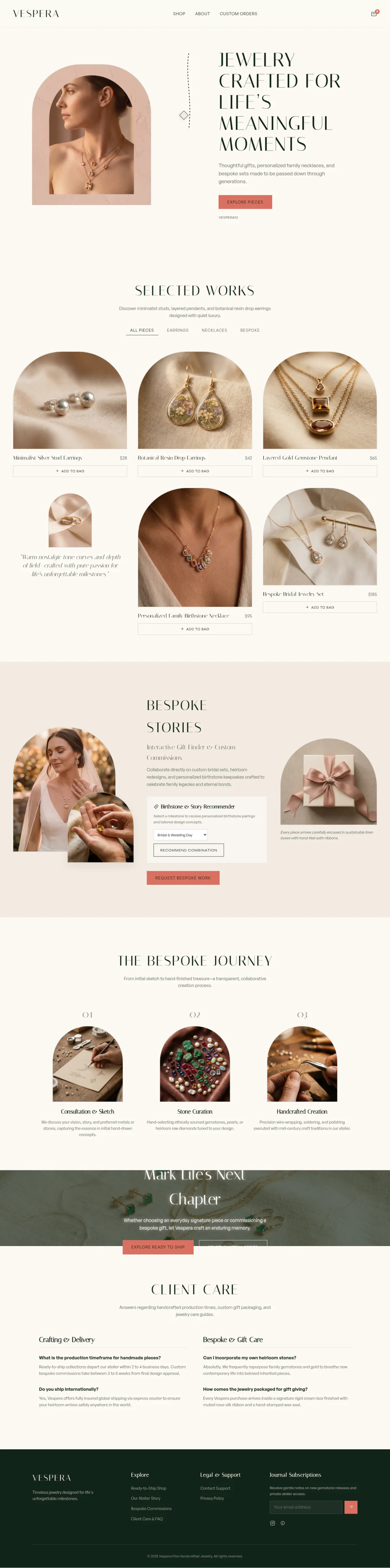 The full Vespera homepage: a soft cream jewelry site with arched photos, selected works, a bespoke stories section, a client care FAQ and a deep green footer with a newsletter sign-up.