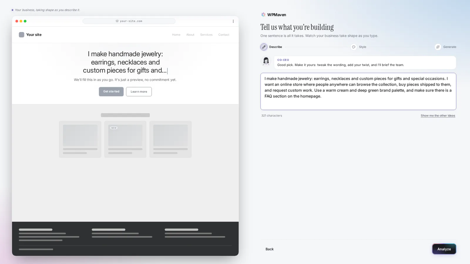 The Describe step for Vespera: the idea in the WPMaven create box, edited by hand, with a blank site preview beside it.
