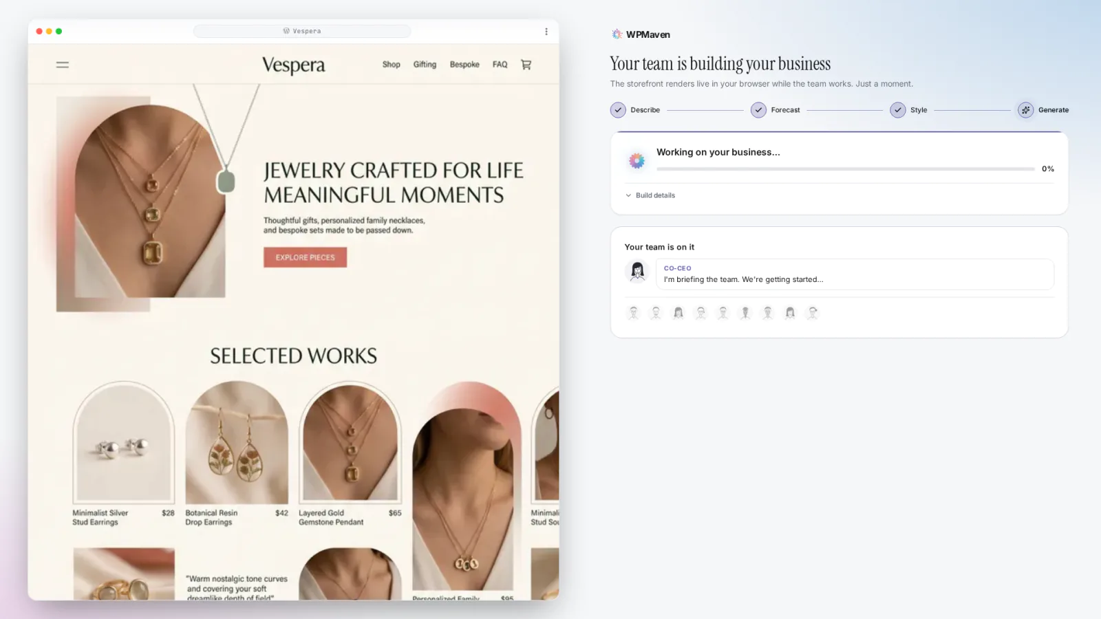 The build starting for Vespera: a progress card on the right and the chosen style already showing in the preview on the left.