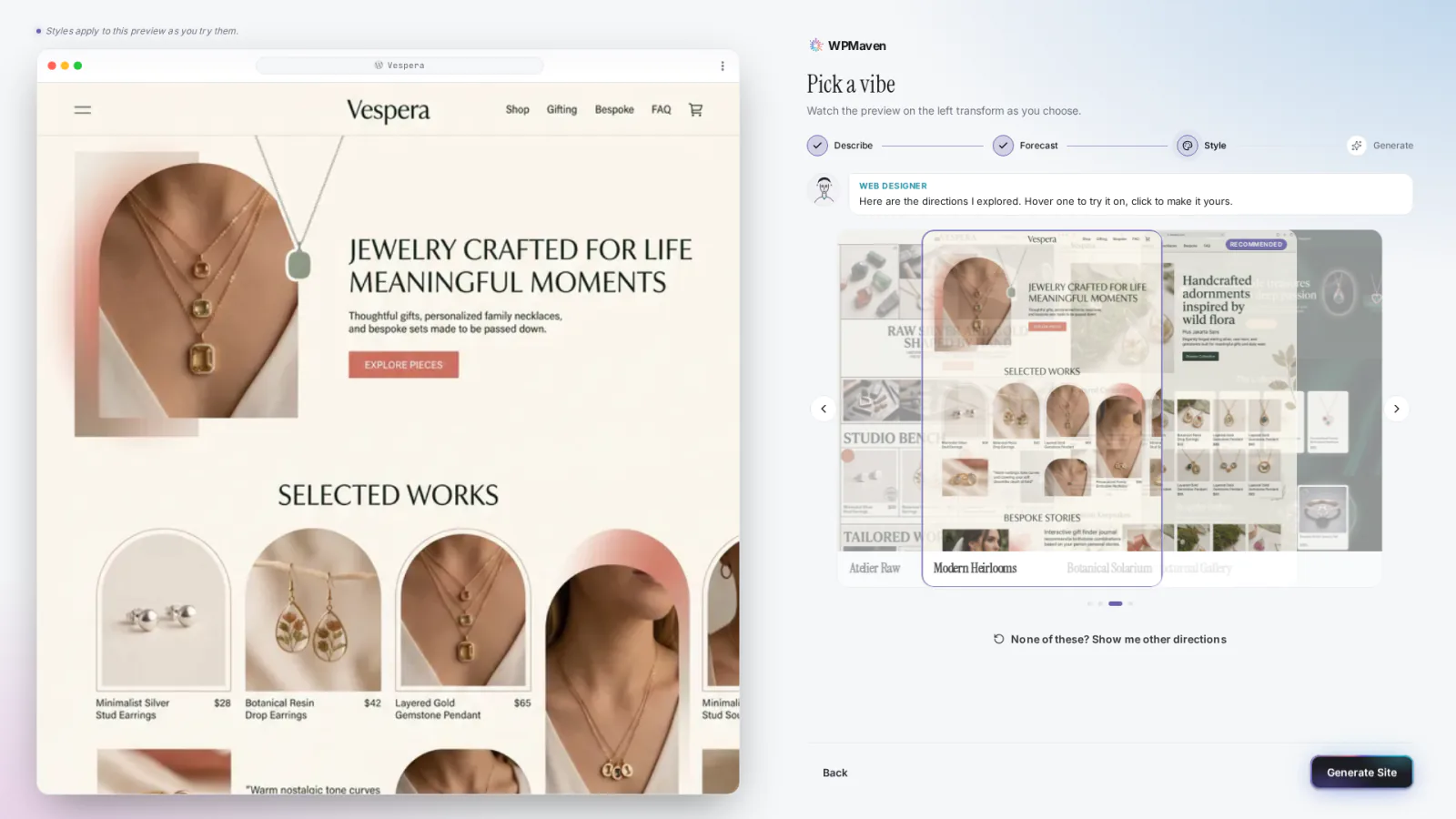 The chosen direction, Modern Heirlooms, previewed on the Vespera site on the left.