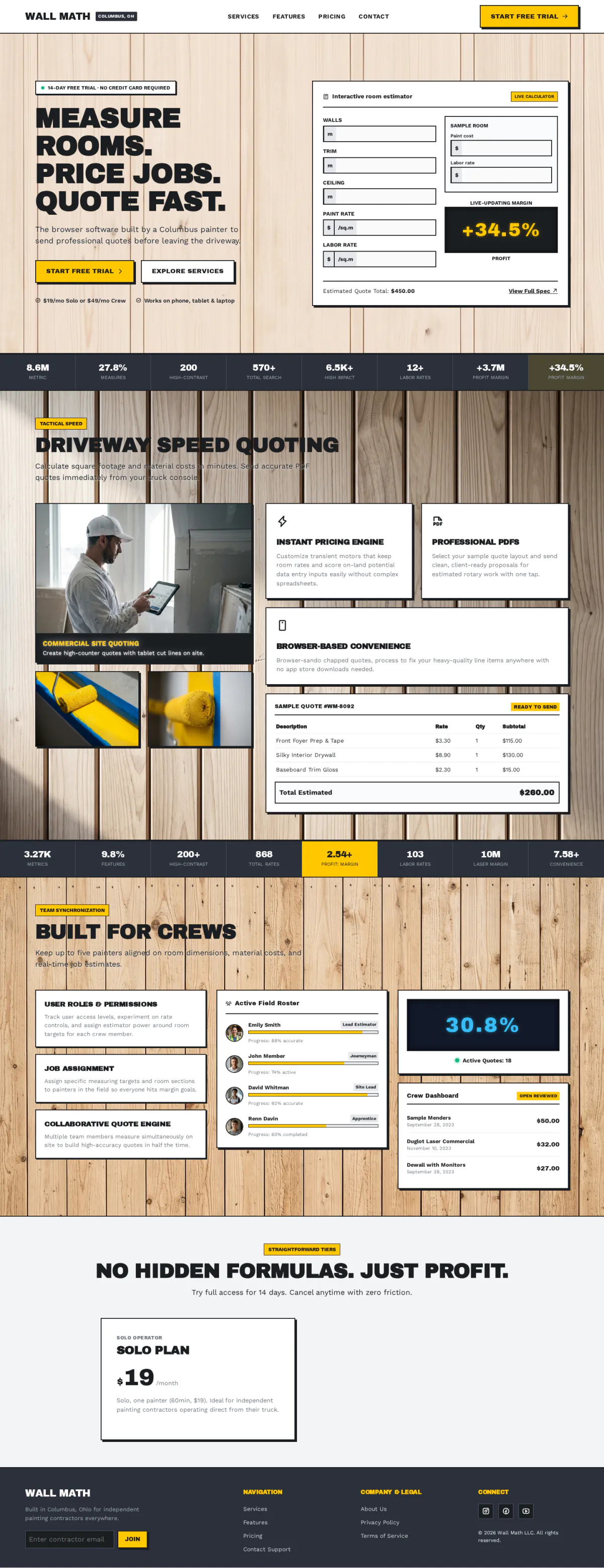 The full Wall Math homepage: a wood-panel site in yellow and black with a room estimator, instant quoting features, crew tools and a plan card.