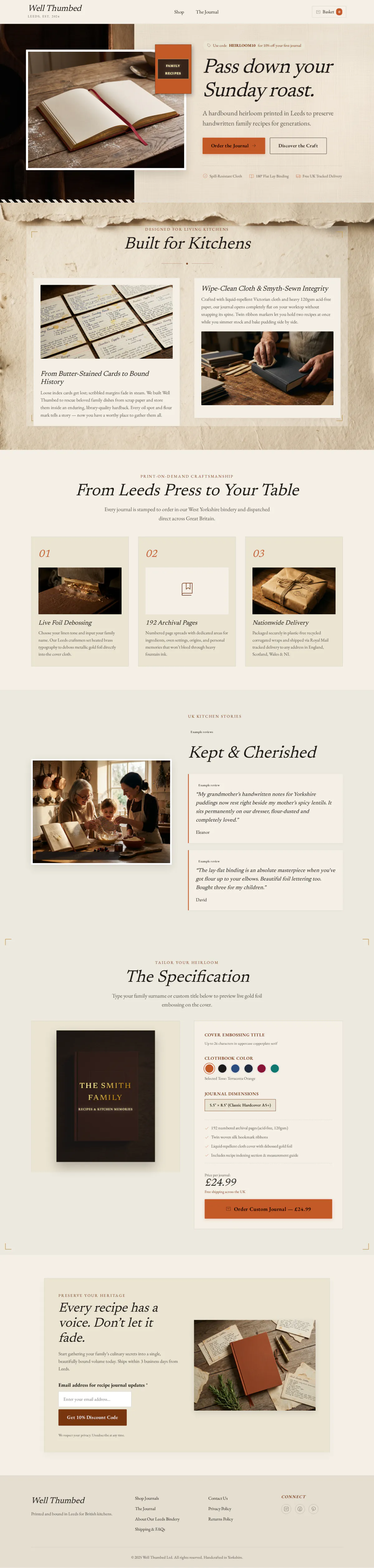The full Well Thumbed homepage: a paper-textured vintage site with an open recipe journal, a kitchen craft section, example reviews, a gold foil cover preview and a discount sign-up.