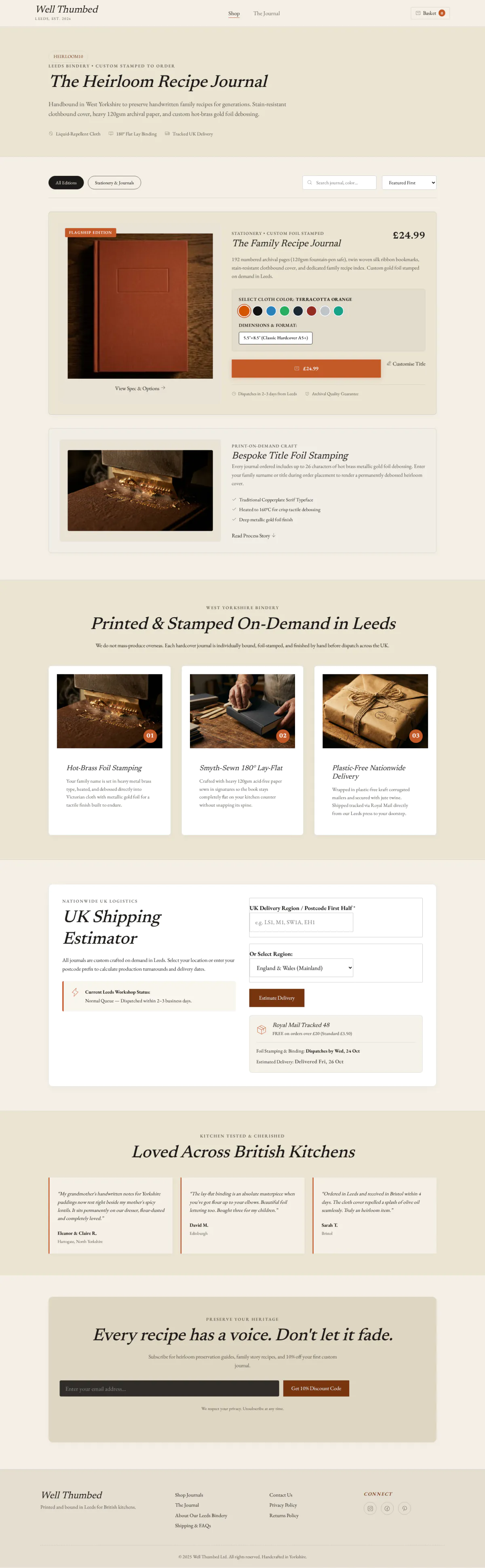 The Well Thumbed shop page: the Family Recipe Journal with cloth color choices, its price and a foil stamping section.