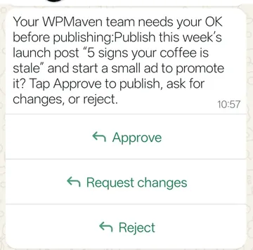 A WhatsApp message asking for the owner's OK before publishing, with Approve, Request changes and Reject