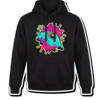 A black hoodie with a bright original design