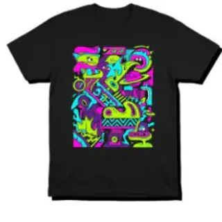 A black graphic tee with a bright original design
