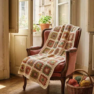 A crochet throw on an armchair, the photo of a launch post