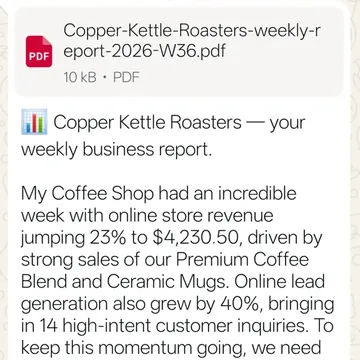 The weekly business report of our test coffee store, arriving on WhatsApp