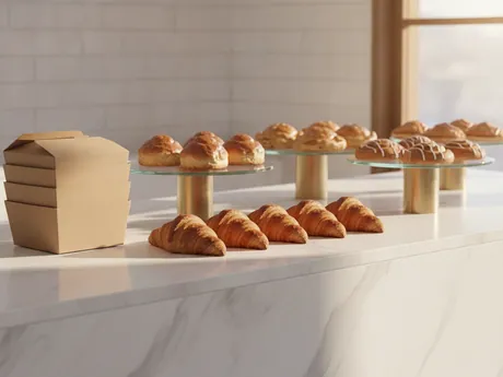 Croissants and pastries on a bakery counter, next to a pastry box