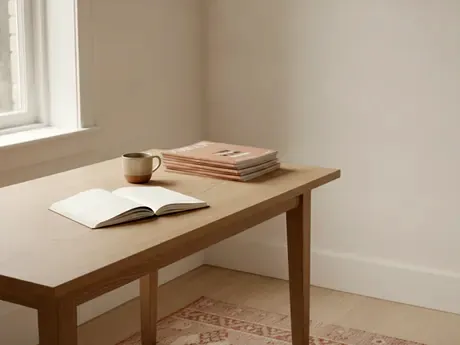 An open notebook and a mug on a desk by a window