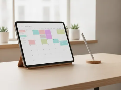 A tablet on a desk showing a color-coded weekly calendar