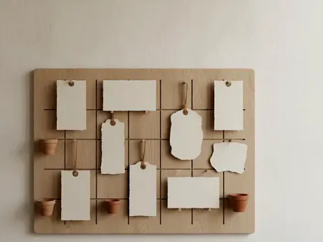 Blank paper tags, like price tags, hanging on a wooden board
