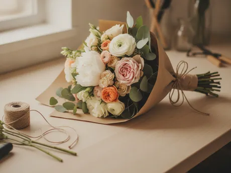 A wrapped bouquet on a work table, with twine and cut stems
