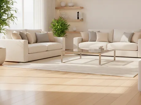 A bright, tidy living room with a white sofa