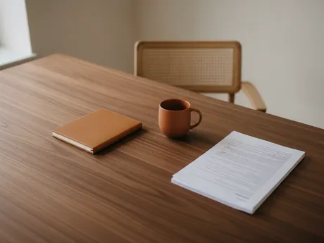 A desk with a notebook, a printed document and a mug