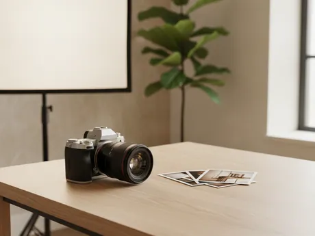 A camera and a few prints on a desk in a bright studio