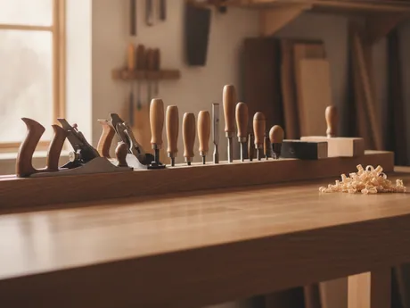Hand tools lined up on a wooden workbench