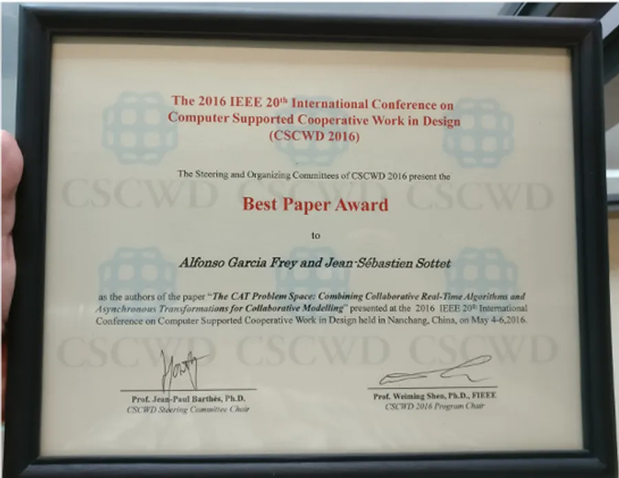 Certificat du Best Paper Award IEEE CSCWD 2016