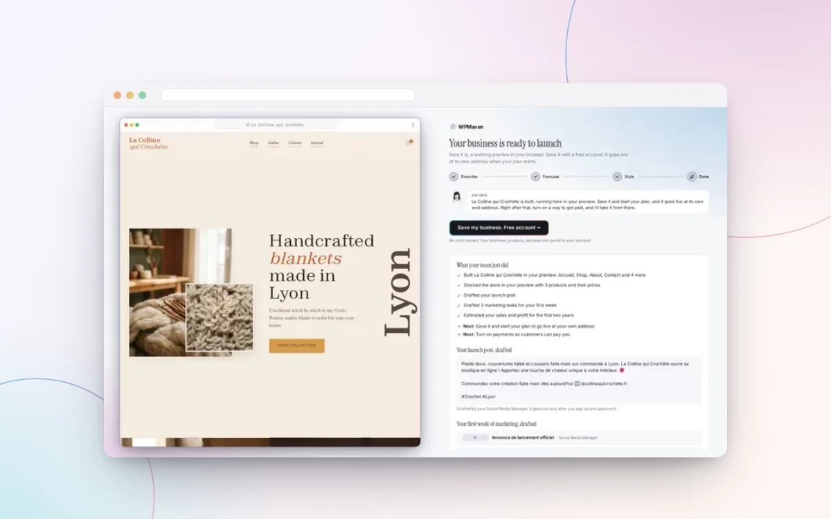 A business ready to launch in WPMaven, with its site and the work done so far