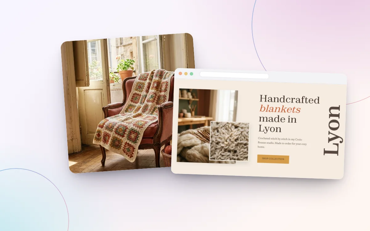 A social post and the home page of a crochet business, both made by WPMaven
