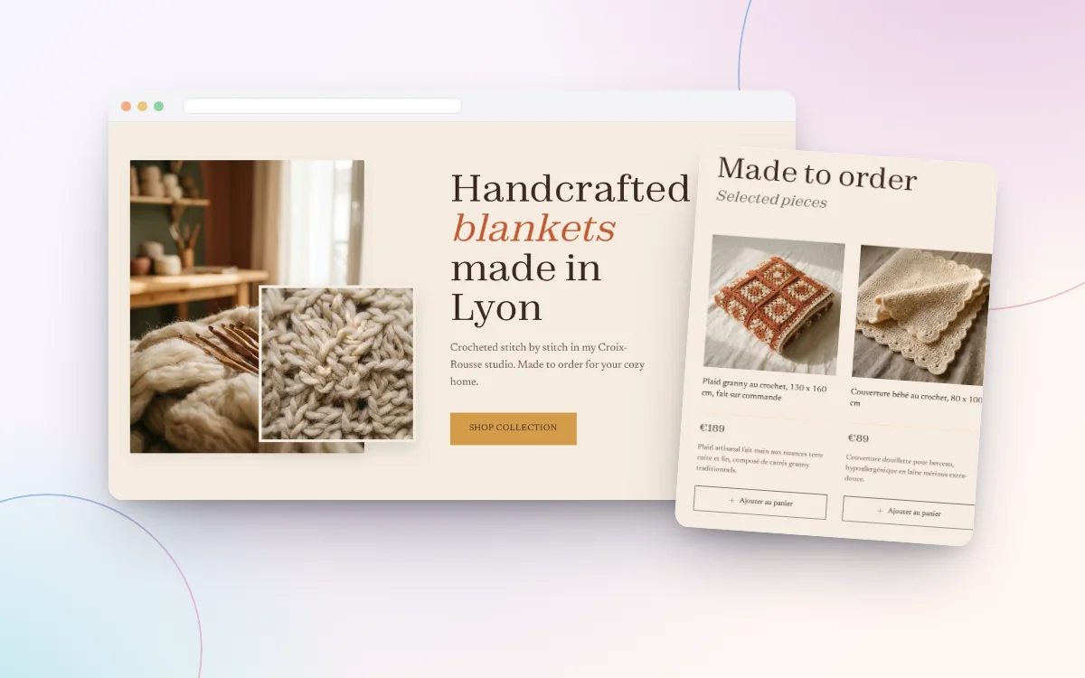 The home page and the products of a crochet business built by WPMaven