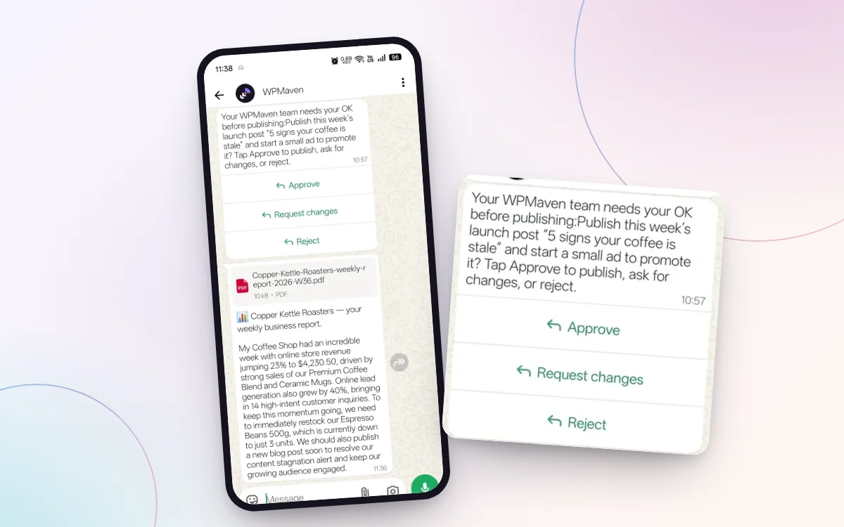 A week of work from the WPMaven team on WhatsApp, with a post waiting for approval
