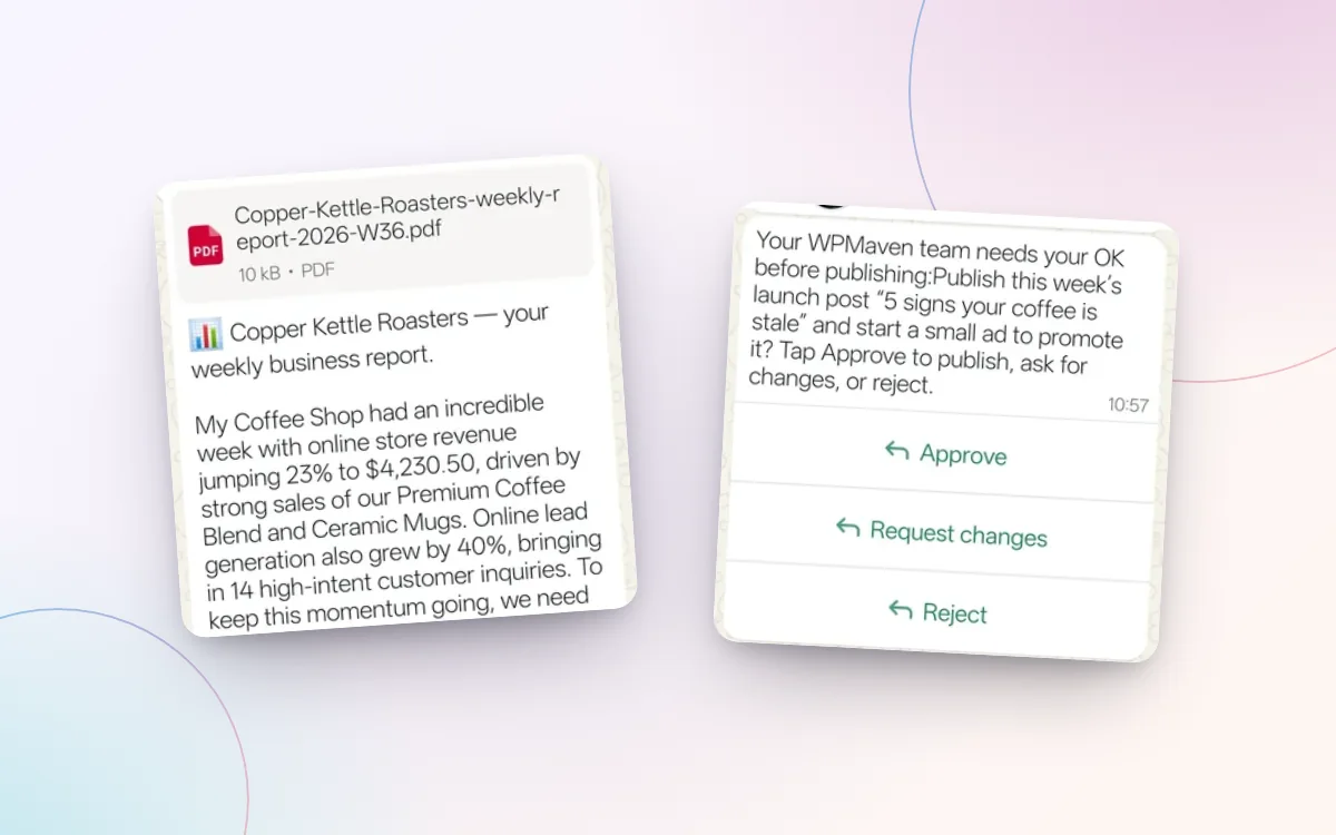 A weekly business report and a request for approval, as the WPMaven team sends them on WhatsApp