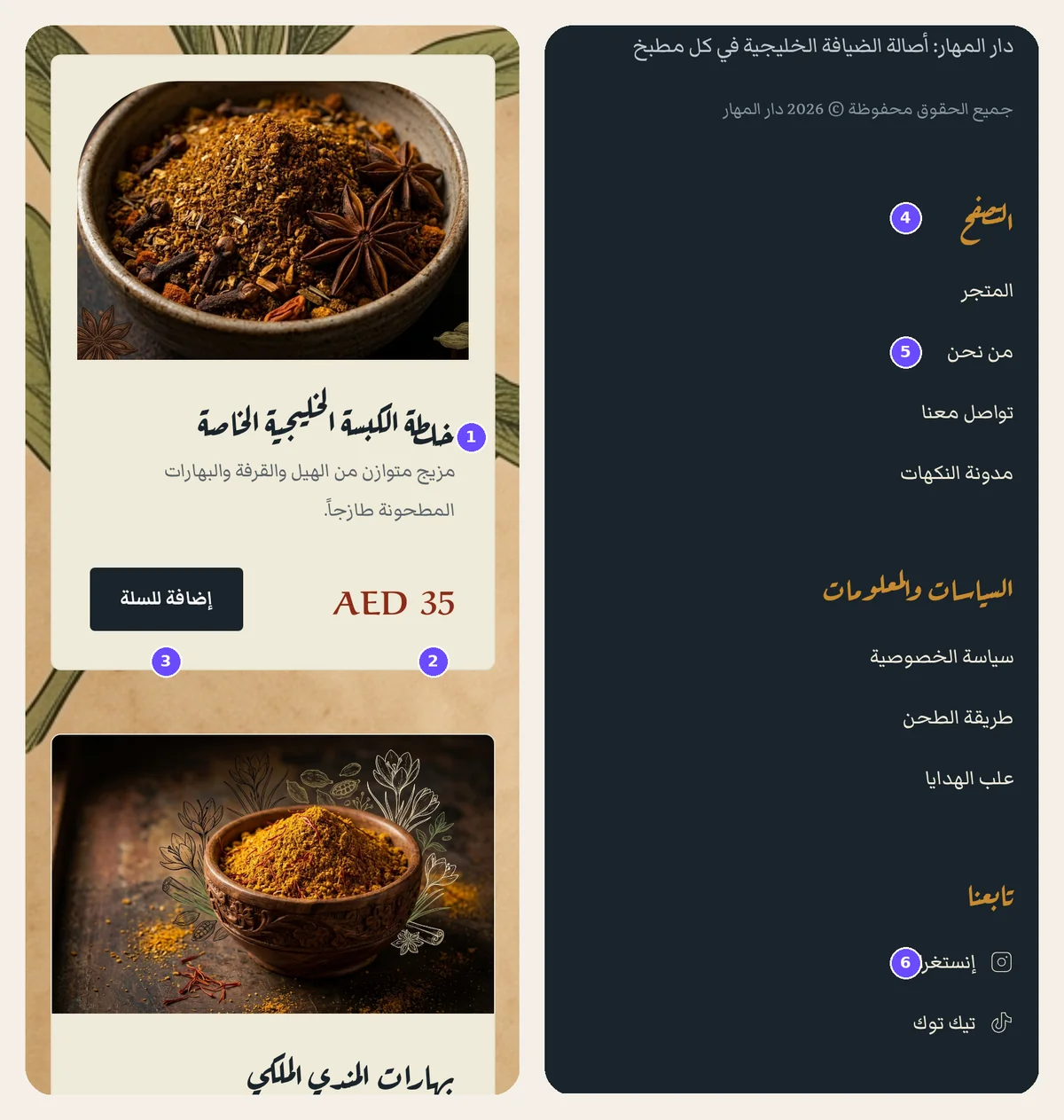 Two more phone screens of the sample Arabic site: a product card and the footer, with six numbered marks.