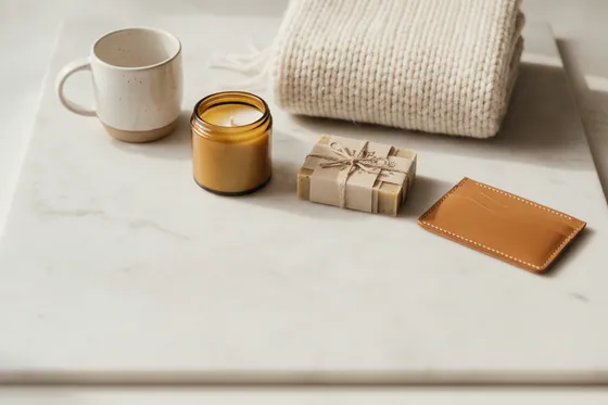 A mug, a candle, a wrapped gift and a leather card holder laid out like products