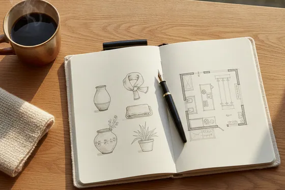An open sketchbook with plans for a shop, next to a cup of coffee