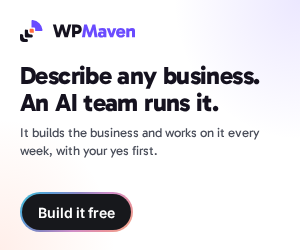 Rectangle banner: Describe any business. An AI team runs it. Build it free